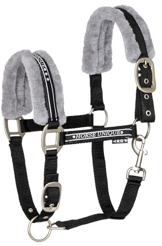 Start Pferdehalfter Elegance – Gepolstert & Verstellbar, Elegantes Halfter mit Strass für Shows & Alltag (Schwarz/Grau, Full (Warmblut))