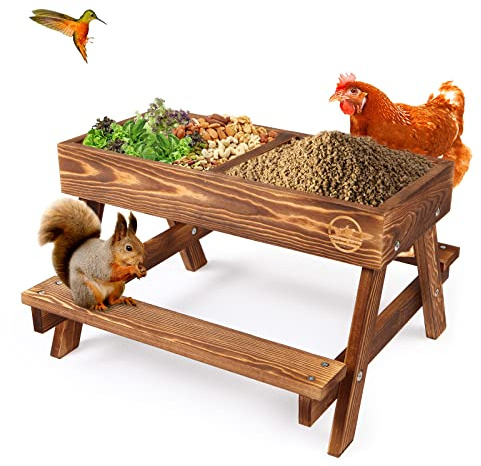 Hühner-Futtertisch ohne Verschwendung, handgefertigte Hühnerfutter- Picknicktisch aus karbonisiertem Holz, großes DIY-Futterset für Hühner, Wildvögel, Enten und Eichhörnchen, mit Gitterboden für