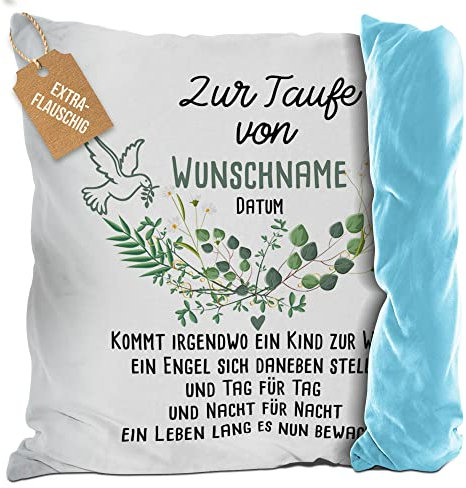 PR Print Royal Flauschiges Kissen zur Taufe mit Name & Datum - Kommt EIN Kind zur Welt - Geschenke zur Taufe, personalisierte Taufgeschenke Patenkind | inkl. Kissenfüllung, Rückseite Hellblau