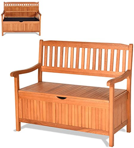 KOMFOTTEU Banc de Jardin pour 2 Personnes, Banc d’Extérieur en Bois d'Eucalyptus, avec Coffre de Rangement, & Sac à Poussière, Boîte 2 en 1 avec Accoudoirs et Dossiers, 100 x 43 x 28 cm