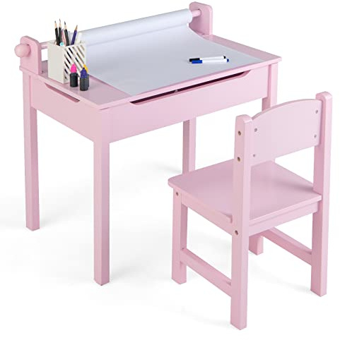 GOPLUS Kindertisch mit Stuhl, Maltisch mit Papierrolle & Marker, Aufklappbare Kindersitzgruppe mit Stauraum, Multifunktionaler Kindertisch zum Malen Spielen Essen für Kinderzimmer (Rosa)