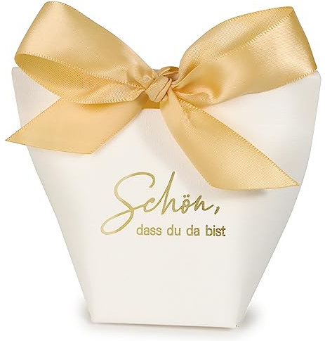 25 Stück Hochzeit Geschenkboxen 6x6x10cm Weiß - Schön, dass du da bist- Geschenkschachtel Papierbox für Gastgeschenk Hochzeit Taufe Geschenkverpackung Babyparty Kommunion usw.