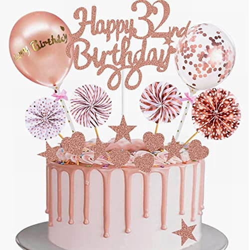 Yunchu Online Tortendeko 32. Geburtstag Frau Happy 32th Birthday Cake Topper Roségold Kuchen Topper 32 jahre Frau Kuchendeko 32. Geburtstag Tortendeko für 32. Geburtstag Cupcake Toppers