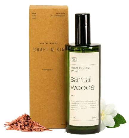 Craft & Kin Premium Santal Woods Room Spray – Long-Lasting Air Freshener for Home – Natural Essential Oil Linen & Pillow Spray – Odor Eliminator Aroma Mist for Bedroom & Washroom – 6.76 oz