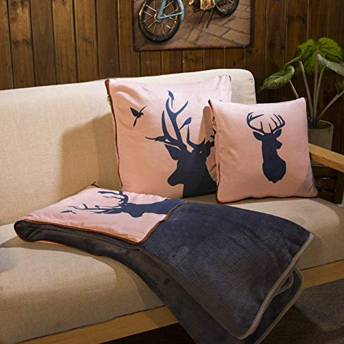 Surwin Flanelldecke Reisedecke Kissen Decke 2 in 1, Super Weich Rentierdruck Sofadecke, Reißverschluss Verwandlungskissen, Multifunktionale Wohndecke Sofakissen Zierkissen (150x200cm,Vogel & Elch)
