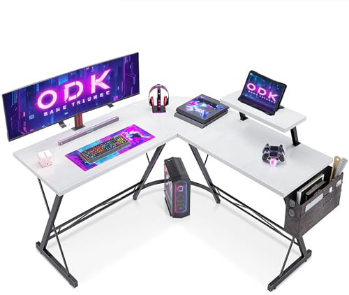 ODK L Shaped Gaming Desk with Monitor Stand, 127x127x75 cm Computer Desk with Storage Bag, Corner Desk for Gaming, Home, Office, White