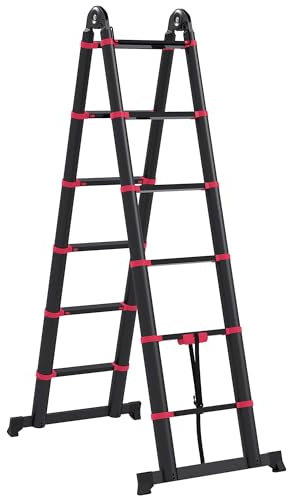 HOMCOM Teleskopleiter aus Aluminium und Nylon mit 12 Stufen, ausziehbare Leiter mit faltbarem Design, 379x67,5x11 cm, Schwarz und Rot