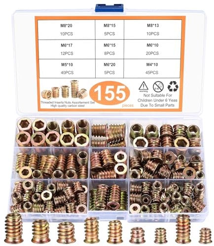 Einschraubmutter Holz, 155 Stück Gewindeeinsatz Muttern, M4 M5 M6 M8 Hex Innensechskantmuttern, Einschraubmuffen, Eindrehmuffe Sortiment Set für Holz Möbel, Farbe Zink