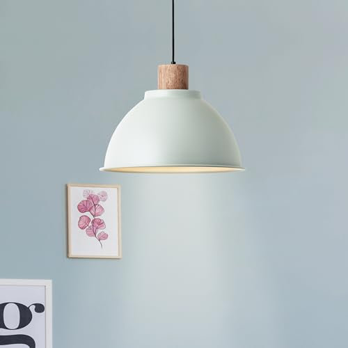 Lightbox moderne Hängelampe in Hellgrün - 120 cm, Ø 38 cm - skandinavische Pendelleuchte mit kürzbarem Kabel - E27, max. 60 W - Metall/Holz aus Kautschukbaum