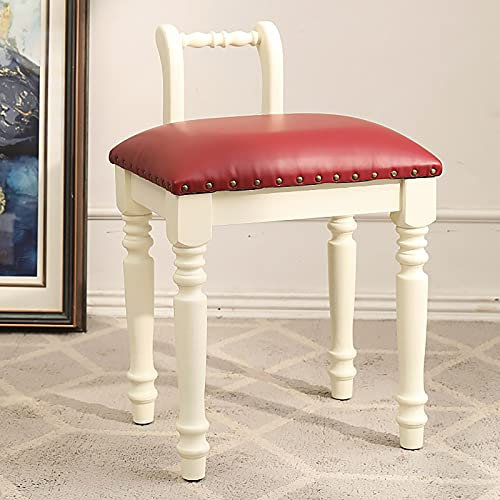 Rustikaler Schminkhocker mit Rückenlehne, mit Leder gepolsterter Sitzbank-Schminkhocker, aus Holz geschnitzter Akzentstuhl, Make-up-Hocker für Schlafzimmer und Wohnzimmer-G 40 x 30 x 59 cm (
