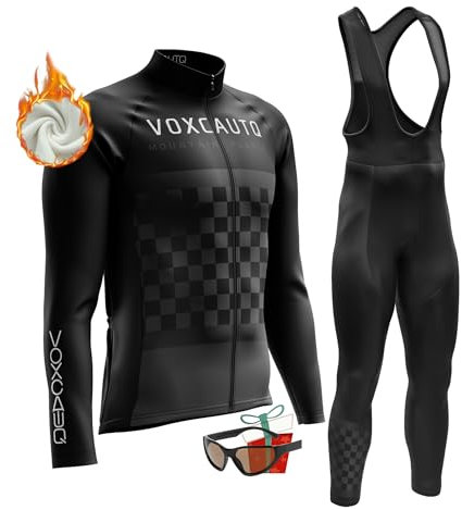VOXCAUTQ Abbigliamento Completo Ciclismo Uomo Tuta Bici da Corsa Invernale Maglia MTB Manica Lunga + Salopette Imbottiti+Polarizzati Occhiali Da Ciclismo... (XXL,TypB-6)