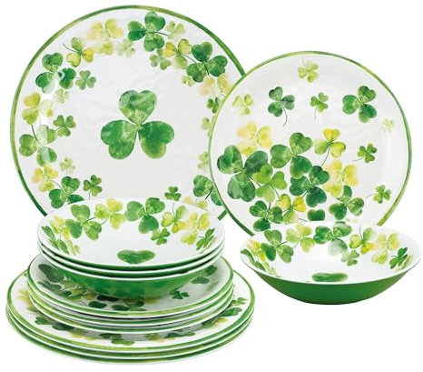 UP ware - Set di stoviglie da 12 pezzi, in melamina, set di piatti da esterno, piatti e ciotole, decorazioni per il giorno di San Patrizio, servizio per 4, verde