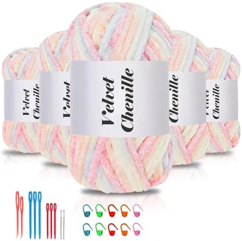 Maxee 500g(5×100g) Samtig Babywolle, Samt Chenille Garn mit Häkelwerkzeuge, Kuschelweich Velvet Chenillegarn Flauschige, Weich Plüschwolle Häkelgarn Wolle zum Stricken & Häkeln