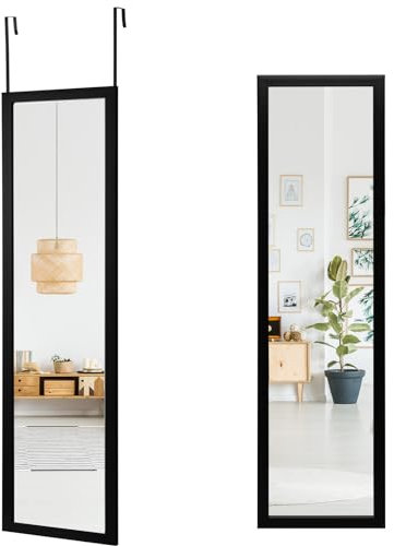 LIFEZEAL Espejo de Cuerpo Entero 33 x 120 cm, Espejo Colgante en Marco de Aluminio, Espejo de Pared, Espejo de Puerta con Gancho, para salón, Dormitorio, vestidor (Negro)