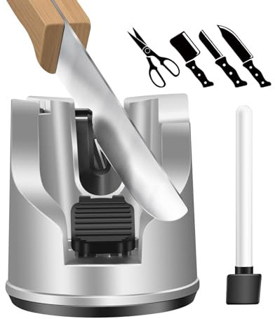 Vicalo Knife Sharpener - Adjustable Angle V-Shaped Slot Professional Sharpener for Straight Blades Serrated Knives Scissors, Equipped with Detachable Ceramic Polishing Rod Suction Cup Base