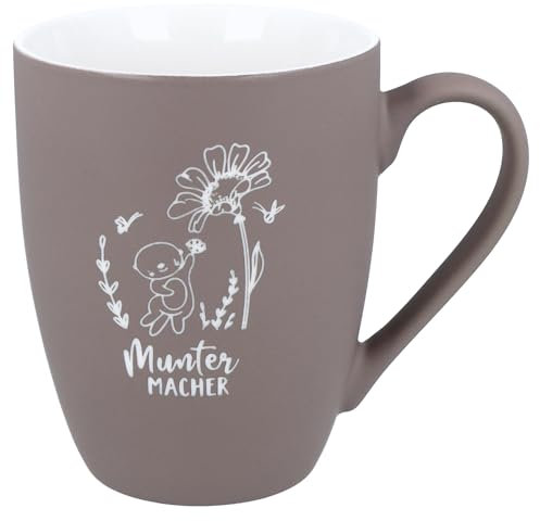 Spruchreif | Soft-Touch Tasse Taupe Munter Macher – Beidseitig gravierte Tasse mit Spruch | Lustiges Geschenk für Morgenmuffel, Kaffeeliebhaber & Büromenschen | 350 ml