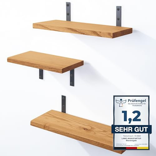 LAMO Manufaktur 3 Stück Wandregal Holz 40/35/30cm | Schweberegal Massiv 100% Echtholz | Hängeregal für Wohnzimmer, Schlafzimmer, Küche, Büro, Badezimmer | Wandregale Set 3 Gerade Farbe: Rustikal