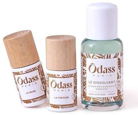 Odass Paris - Le TRIO - Base + Finition + Dissolvant - Pour Pose et Dépose Vernis Semi-Permanents - Application Facile à la Maison, Dépose sans Agresser les Ongles - Fabriqué en France, Vegan