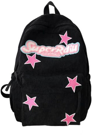 BILIPOPX Niedlicher Rucksack für Damen, Stern-Design, Y2K, Kawaii, ästhetisch, flauschig, Cord, Schwarz, Tagesrucksäcke