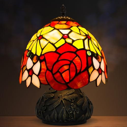 JHuiLap Small Tiffany Stained Glass Lamp, 3 Color Temperatures Bedside Lamp, 8 Inch Mushroom Desk Light for Bedroom Living Room Office Home Decor (Two Colors Rose)