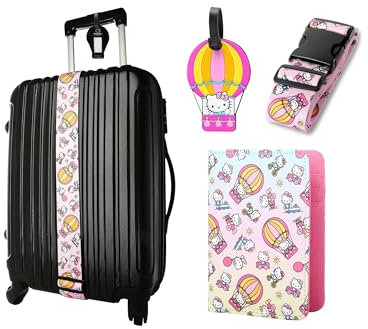 Hello Kitty Reise-Set mit Reisepasshalter, Taschenanhänger und Gepäckgurt, Sanrio Reisezubehör, offiziell lizenziert, pink, mit Kreditkartenfach und Reisepass-Einschubfach
