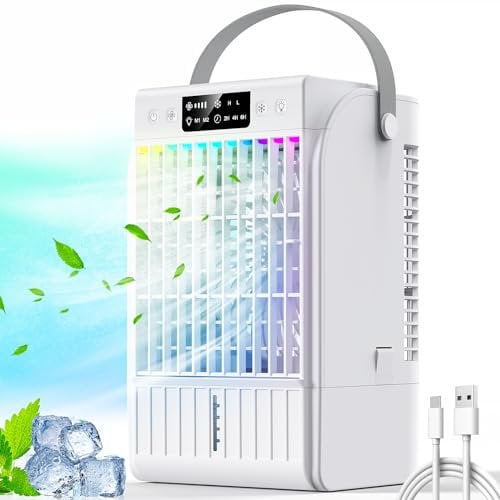 Guong Portable Air Conditioner, 4-in-1 Air Cooler Evaporative, Air Cooling Fan and Humidifier, 4 Speeds Mode 7 Colors LED Quiet Mini Air Conditioner Fan for Home Office