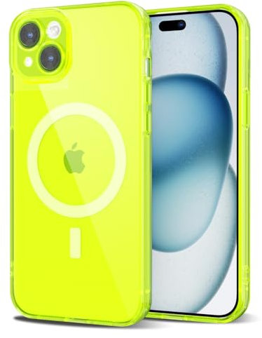Svanove for iPhone 15 Plus Case Clear Compatible with Magsafe, Transparent Magnetic Magnet Mag Case, Cute Slim Thin Silicone Grip & Shockproof Camera Cover Drop Protection Bumper, Neon Green Lime