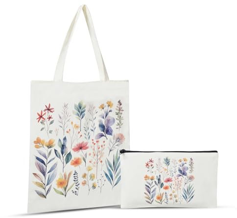 4MELLY Canvas-Tragetasche, ästhetisch, für Damen, niedlich, wiederverwendbar, Baumwollbeutel zum Einkaufen, 3 x Blumentasche, Medium