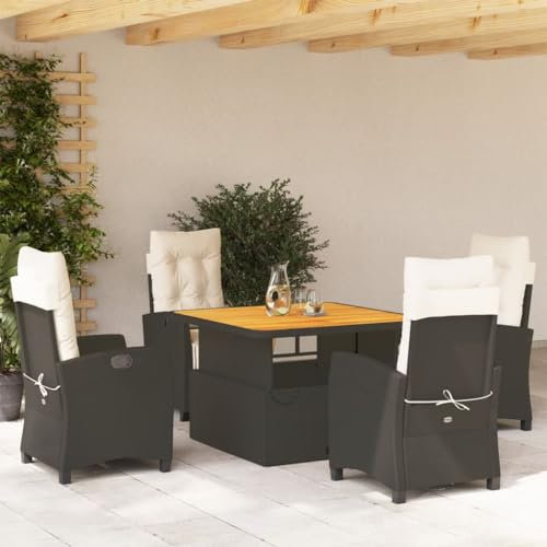 Tidyard 5-TLG. Garten Essgruppe 4 Personen Terrassenmöbel außen Sitzgruppe Gartenmöbel Set Esstisch mit 4 Stühlen Set, Gartengruppe Sitzgarnitur Möbelsets, mit Kissen Schwarz Poly Rattann