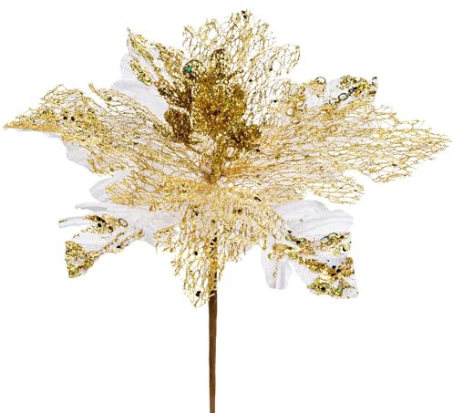 Arborus 6 flores artificiales de Navidad con purpurina de 11.4 pulgadas, flores artificiales grandes de Navidad para decoración de árbol de Navidad, flores de Pascua blancas, decoraciones de Navidad
