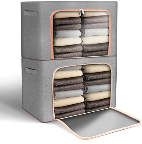 Clothes Storage Bags, 2Pcs 66L Wardrobe Organiser - Large Storage Box with Lid and Clear Window - Moving Boxes with Reinforced Handle, Stackable for Clothes, Duvet, Bedding