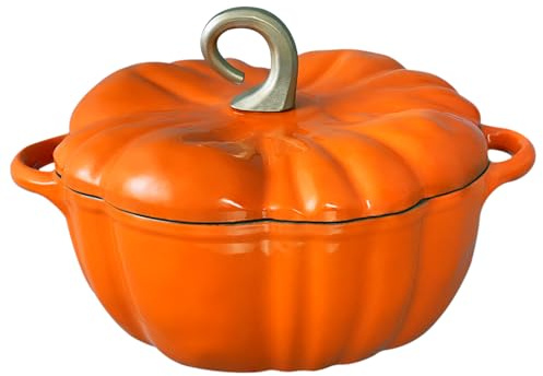 Flavehc Faitout citrouille en fonte émaillée avec couvercle - 1,8 l - Pour la cuisson du pain - Cocotte en fonte émaillée orange avec poignées