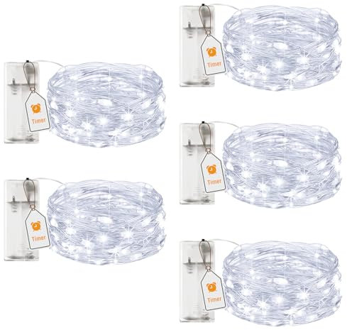 btfarm 5 Stück LED Lichterkette Batterie mit Timer, 2M 20 LED Micro Silberdraht Lichterkette Innen Batteriebetrieben für Party Weihnachten Hochzeit Halloween Innen Deko, Kaltes Weiß