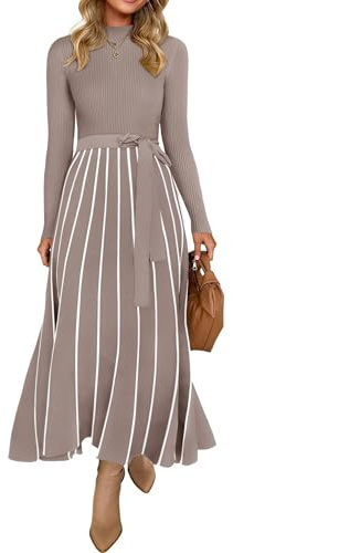 ZESICA Womens 2025 Fall Turtleneck Long Sleeve Sweater Dress Tie Waist Casual Loose Ribbed Knit A Line Midi Dresses