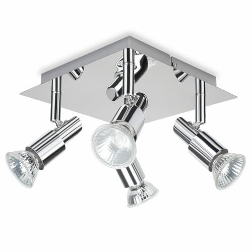 POLESTI GU10 LED Deckenleuchte, 4 Flammig Silberne Chrom-Schwenkstrahler, Drehbare Decken- und Wandstrahler für Küche, Schlafzimmer, Wohnzimmer (Leuchtmittel Nicht Enthalten)
