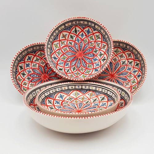 YODECO Red Couscous Plate Bowls Set for 4 People - Handcrafted Ceramic - Contemporary, Artisanal, Elegant - Round - 20 cm, 26 cm - Hand Painted - Dishwasher & Microwave Safe