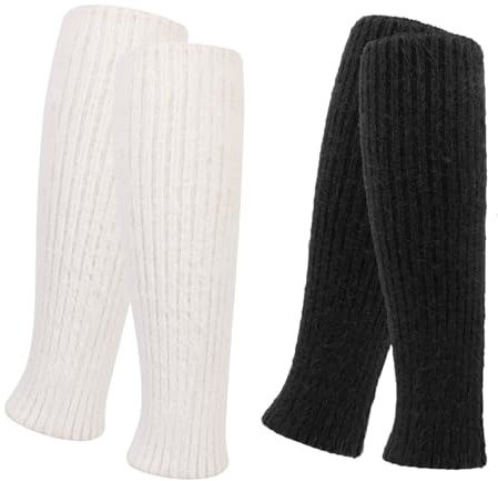 QKURT 2 Pairs Fluffy Ankle Leg Warmer, Winter Knit Crochet Women's Leg Warmer Knee High Leg Warmers for Winter (Black+White)