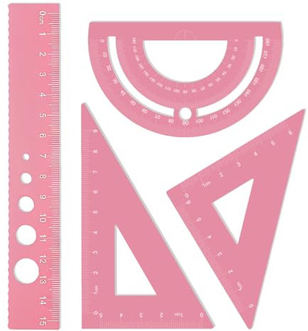 RDNKVB 4Stück Geodreieck Metall, Mathematik Geometrie Werkzeug, Metall Geometrie Set mit Winkelmesser und Dreieck Lineale, Aluminiumlegierung Mathe Zeichnung Lineal für Schule und Büro,Rosa