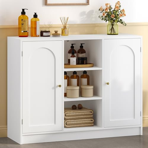 Hzuaneri Meuble de Salle de Bain, Armoire de Rangement, Armoire de Cuisine avec 2 Portes Arquées et 3 Étagères Ouvertes, Étagères Réglables, Salle de Bain, Cuisine, 30 x 100 x 81,5 cm, Blanc SC21203X
