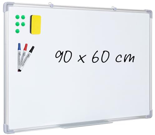 Magnetic Whiteboard, Dry Erase White Board, Silver Aluminium Frame, Double Side Writing, 90x60 CM for Home Office School Classroom, Includes 3 Markers, 5 Magnets, 1 Eraser
