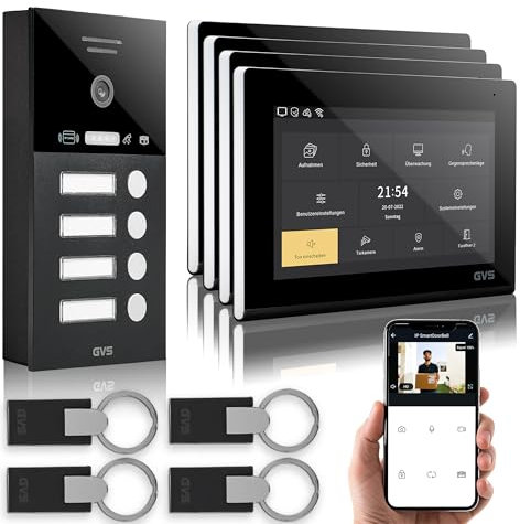 GVS - IP Video Türsprechanlage 4 Familienhaus mit Türöffner (RFID), HD Kamera, 4X 7 Zoll Monitor & App - Smarte Video Türklingel mit Kamera & Gegensprechanlage (AVS4292A)