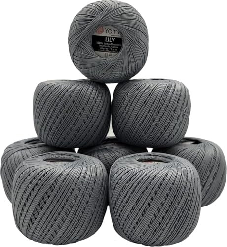 400 Gramm Ilkadim Export Filetgarn Lily 100% merzerisierte Baumwolle, 8 x 50g Häkelgarn einfarbig, Garn (grau 5326)