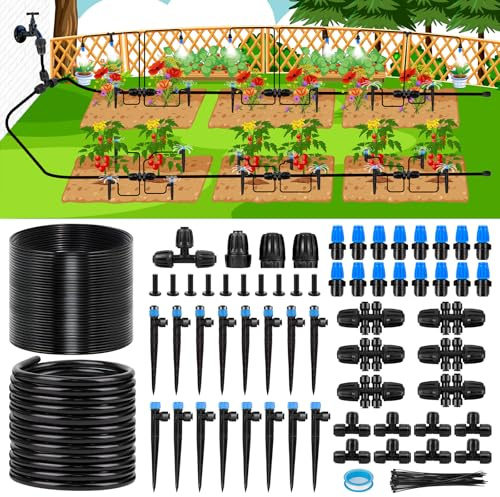 Kafuzi 230FT New Quick-Connect Drip Irrigation System Kit, Automatic Garden Watering Misting System for Greenhouse, Yard, Lawn, Plant with 1/2 inch Hose 1/4 inch Distribution Tubing and Accessories