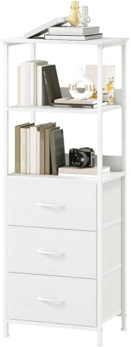 Somdot Bücherregal Standregal Aufbewahrungsregal für Arbeitszimmer Homeoffice, Büroregal Bücherschrank Präsentationsregale, 5 Ebenen 3 Stoffschubladen, Weißes Leder, 30T x 42B x 115H cm