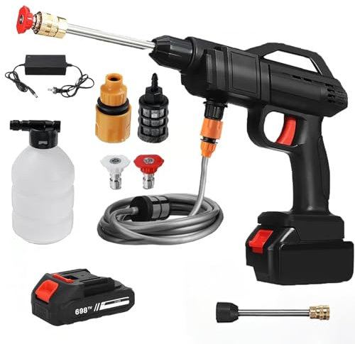 Hidrolimpiadora Bateria, 21V MAX 35Bar Press & Clean Pistola Lavado con 2X 6000mAh Baterías, Limpiador de Alta Presión Portátil para Coche, Terraza, Ventanas, Piscina (con 1 Batería)