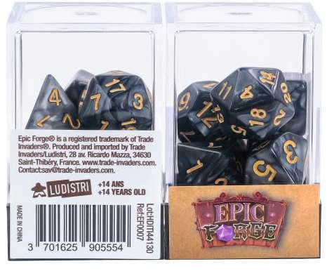 Epic Forge Würfel-Set mit 7 verschiedenen Formaten – Perlmutt-Schwarz und Gold