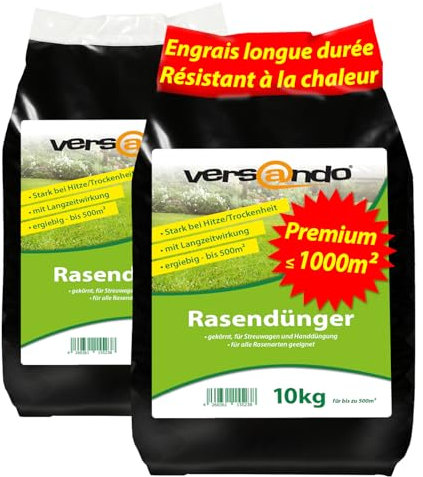 versando 20 kg Engrais gazon longue durée printemps été jusqu’à 1000 m² : apport nutritif parfait, idéal chaleur, sécheresse pour pelouse dense et verte – premium