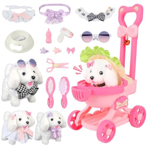 Charmofun Chien Interactif Jouet Enfant avec Poussette Jouet, Electronique Chien Qui Marche et Aboie avec Accessoires, Peluches et Animaux Interactifs Cadeau pour Fille 3 4 5 6 Ans