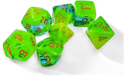 Chessex Zwillingswürfel mit orangefarbenen Zahlen, 7 Würfel, 16 mm, Plasmagrün und Blaugrün