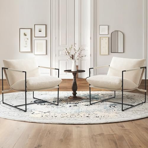 Ckaff Extragroß Sling Akzent-Sessel 2er Set 85x77.5x88cm, Sessel Wohnzimmer Loungesessel mit Metallrahmen und Polsterung, Ohrensessel Polstersessel Bouclé fürs Wohnzimmer Schlafzimmer, Weiß